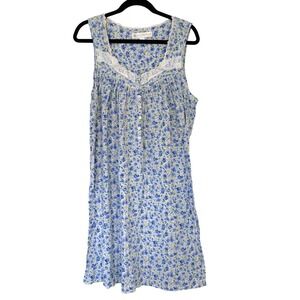 Eileen West Blue Floral Lace Trim Modal Nightgown Sleeveless Medium E5319892
